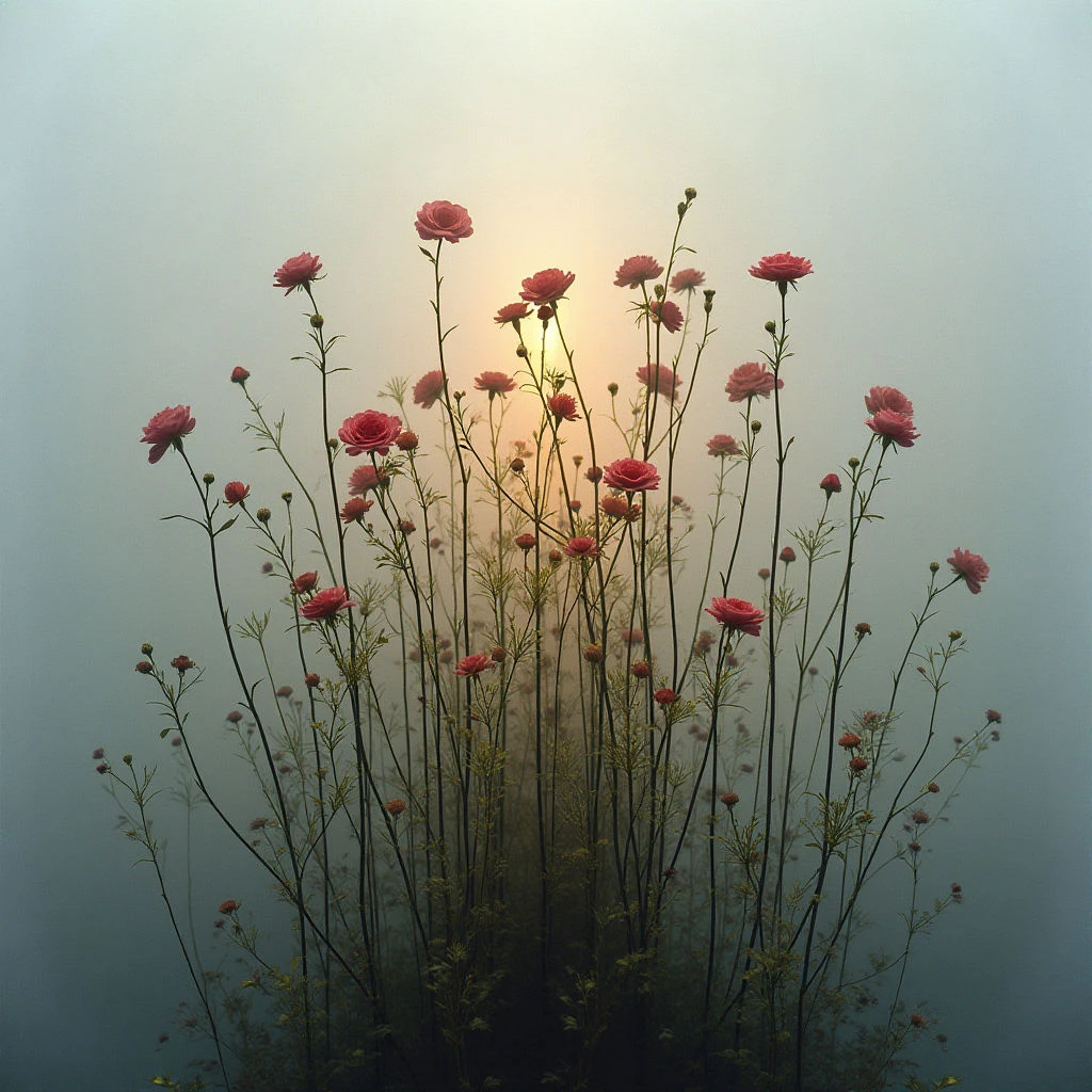 A dense cluster of delicate pink wildflowers stands tall against a softly blurred, hazy background. The flowers are silhouetted by a warm, glowing light source behind them, creating a sense of depth and ethereal beauty. Reflections ripple beneath the blooms, suggesting they grow near water.