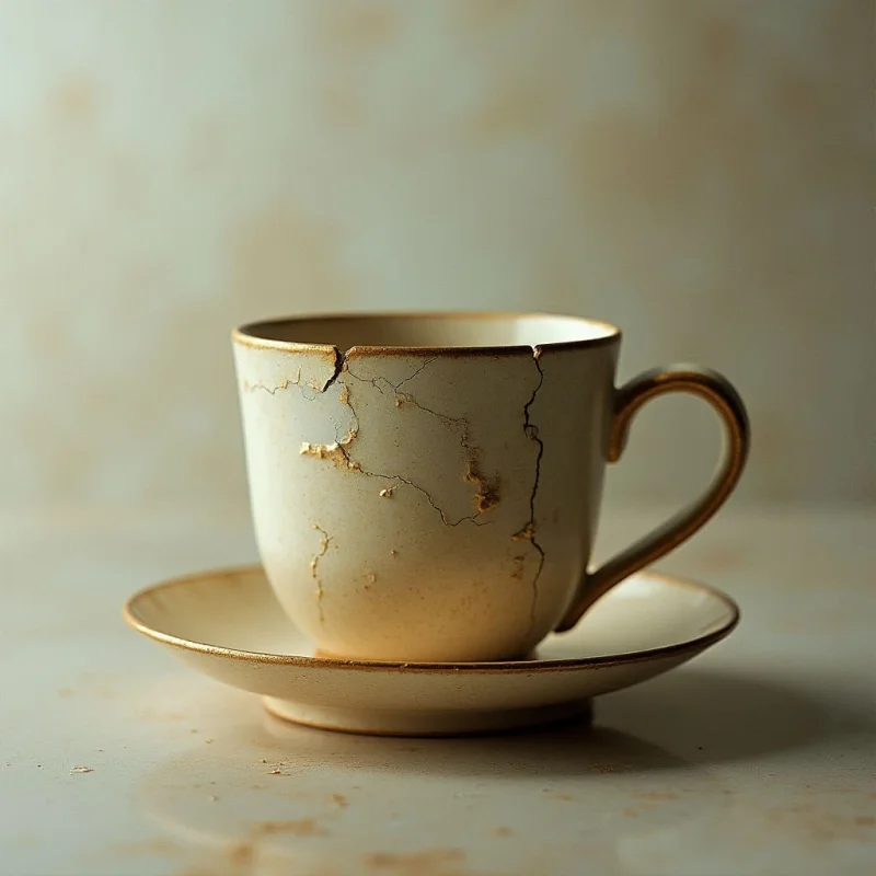 The image features a cracked teacup and saucer in shades of cream and warm brown, set against a muted teal background. The cup’s surface exhibits a rough, fragmented texture contrasting with the smoother glaze around its rim and handle. Soft light illuminates the objects from the front, creating gentle shadows that define their form and suggest a close proximity to a flat plane below.