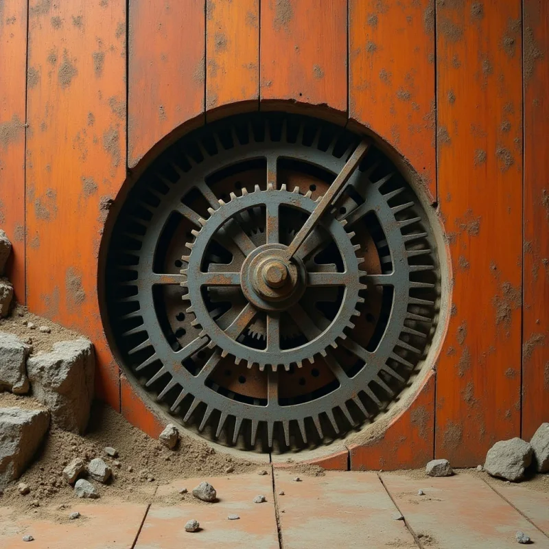 A large, grey metallic gear with multiple concentric teeth is embedded within a vertical orange wooden surface. The composition features rough textures of weathered wood, gritty sand, and jagged rocks surrounding the smooth, circular geometry of the machinery. Light falls evenly across the scene, highlighting the spatial contrast between the recessed mechanical components and the flat, planked backdrop.