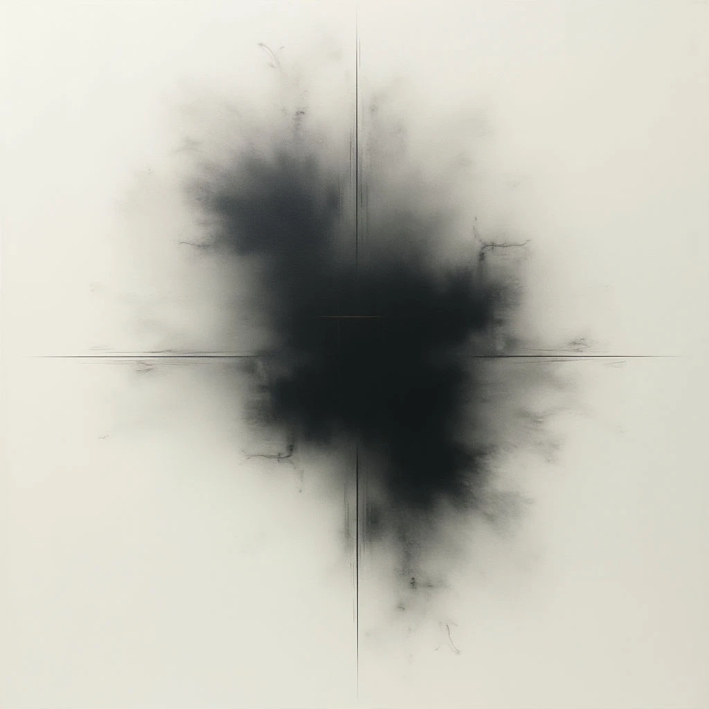 A dark, amorphous shape dominates the center of a pale canvas, appearing to burst outwards like an explosion or spreading stain. Faint lines bisect the composition horizontally and vertically through the central darkness, creating four quadrants. The edges of the dark form are blurred and wispy, fading into the surrounding off-white background.