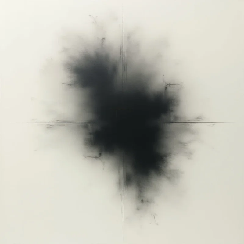 A dark, amorphous shape dominates the center of a pale canvas, appearing to burst outwards like an explosion or spreading stain. Faint lines bisect the composition horizontally and vertically through the central darkness, creating four quadrants. The edges of the dark form are blurred and wispy, fading into the surrounding off-white background.
