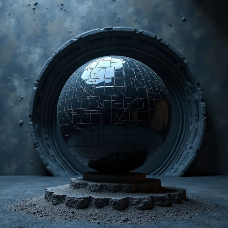 A large, dark, segmented sphere with a reflective surface sits centered atop a rough, circular stone pedestal. Behind the sphere, a massive stone ring frames the composition against a textured, mottled grey wall. Dim light creates soft highlights on the sphere's grid-like patterns and casts subtle shadows across the coarse, sandy ground.