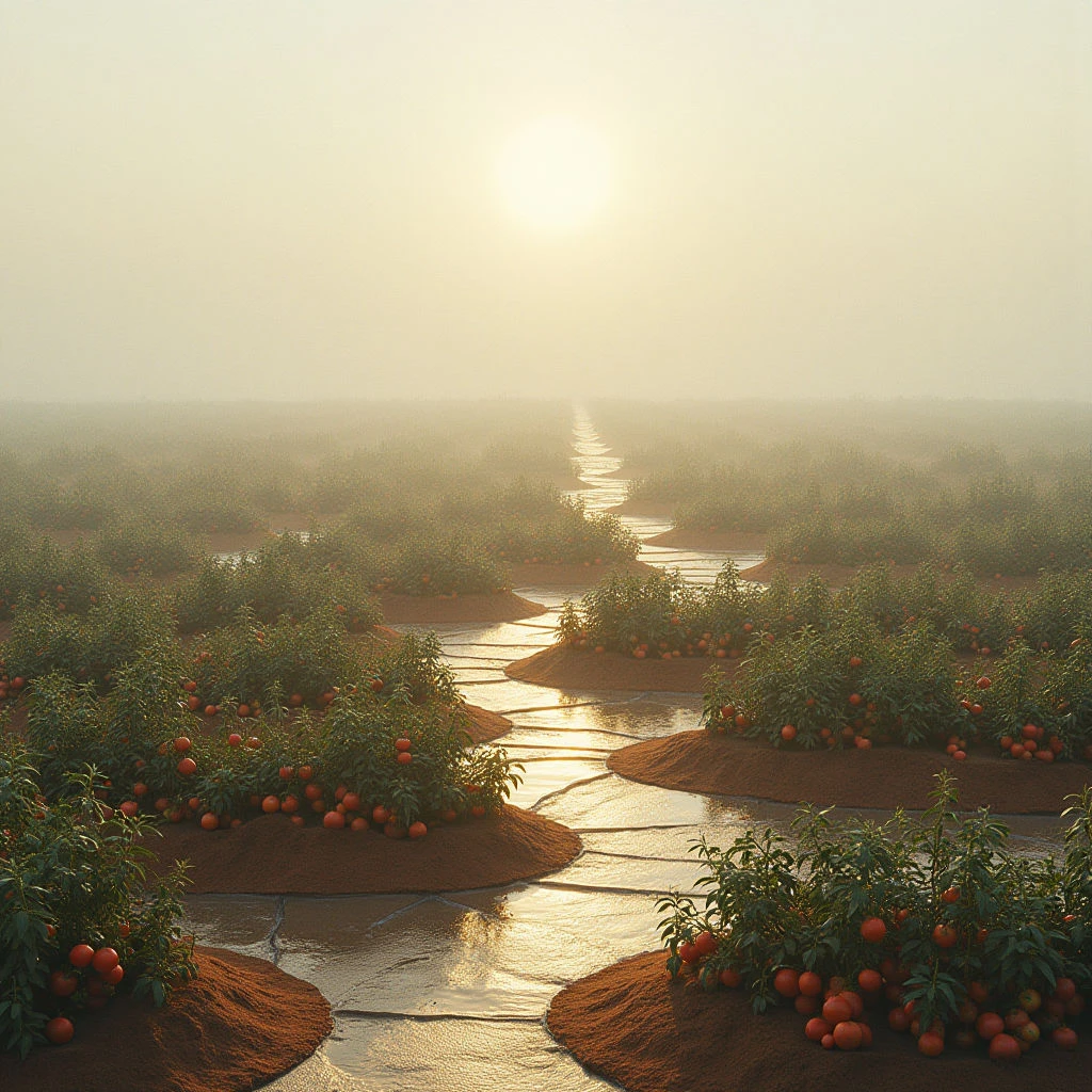 The scene is dominated by warm tones of orange, yellow, and brown, with a hazy golden light source positioned high in the frame. Small, rounded bushes bearing bright orange fruit are arranged symmetrically along winding, dark channels of water cutting through reddish-brown earth. Depth is created by diminishing detail and increasing fog as the perspective recedes toward a distant horizon under a pale sky.