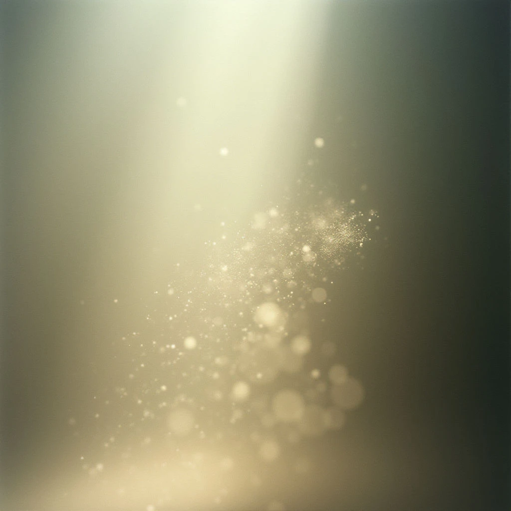 A stream of golden light illuminates a dark, muted background. Within the beam are countless tiny sparkling particles, clustered densely at the center and fading as they drift downwards. The overall effect is soft and ethereal, like dust motes dancing in a sunbeam.