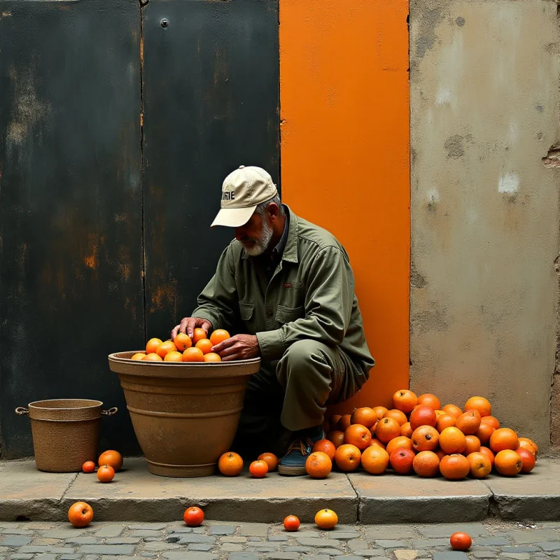 The image features a man kneeling on a stone surface before a wall divided into dark gray and bright orange sections. He is sorting oranges from a large earthenware bowl, with additional oranges scattered around the base of the wall and in a smaller woven basket nearby. Light appears diffused, creating soft shadows and highlighting the textures of the rough walls, weathered stones, and the fruit's skin.