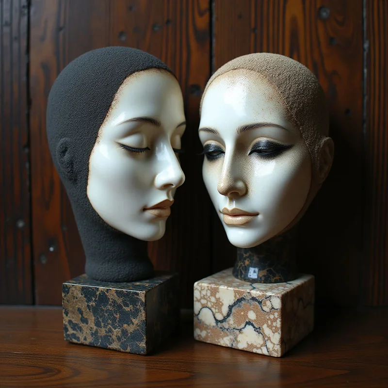 Two mannequin heads with smooth, pale skin and textured fabric hoods sit side-by-side on marbled cubic bases against a dark wood paneled background. One head features a black hood and a dark speckled base, while the other has a tan hood and a light patterned base. Soft light illuminates the faces from the front, creating subtle shadows that define their facial contours and the grain of the wood.
