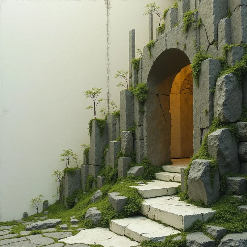 A stone archway with an arched entrance is integrated into a vertical structure of grey, textured columns and irregular boulders. Green foliage and small trees are interspersed among the craggy rock surfaces, while white stone steps lead up toward the warm, golden light glowing from within the opening. The composition is set against a flat, neutral off-white background, creating a sharp contrast between the organic textures and the void.