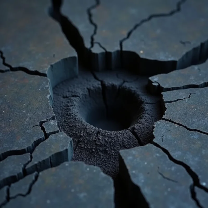 A dark, desaturated blue surface is fractured by deep, irregular cracks that converge toward a central, circular crater. The surrounding terrain features a coarse, granular texture, while the interior of the depression appears smoother and more shadowed. Light falls across the uneven landscape, creating high-contrast shadows within the crevices and emphasizing the depth of the central void.
