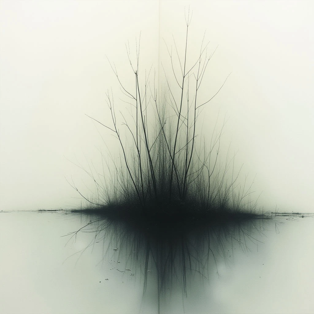 A small cluster of bare trees rises from a dark, submerged landmass in the center of a still body of water. The pale background and reflective surface create a sense of quiet isolation and mist-shrouded calm. Their thin branches are mirrored perfectly below, doubling their stark presence against the muted tones.