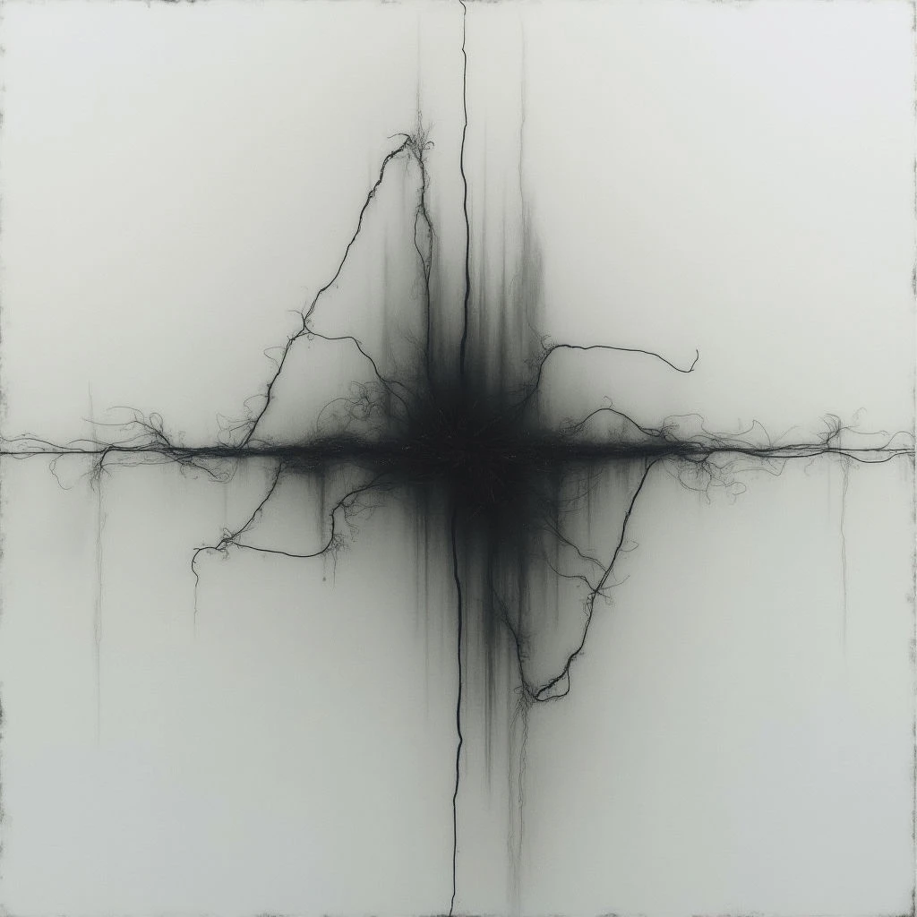 A dark, jagged cross shape dominates a pale background, appearing like a burst or impact point. Thin, spidery lines extend horizontally from the center of the cross, contrasting with the vertical streaks that emphasize its form. The entire image has a distressed quality, as if something forceful tore through a delicate surface.