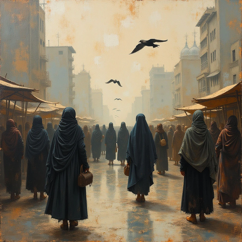 The scene is dominated by muted earth tones—ochre, browns, and grays—with a prevalence of dark blue in the clothing of figures receding into the distance. Rough textures are suggested in the building facades and fabric draping, contrasted with a slick sheen on the wet street surface reflecting light from an unseen source above. A long perspective draws the eye down a narrow street lined with buildings and canopies, filled with numerous similarly-dressed figures moving away from the viewer.