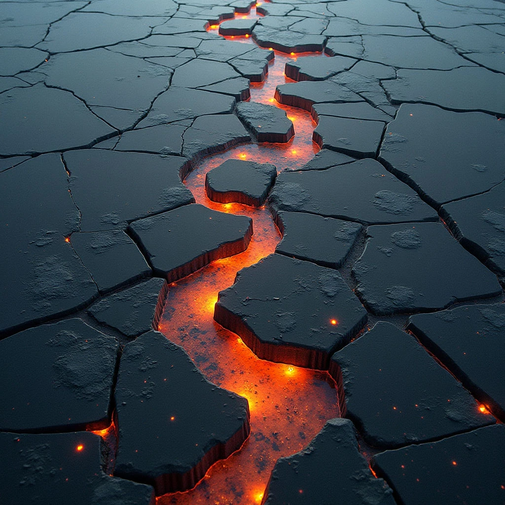 The image depicts a dark, fractured surface with winding channels of bright orange light emanating from within the cracks. The texture appears rough and uneven, composed of polygonal shapes that vary slightly in size and elevation, creating a sense of depth. Light sources are concentrated along the fissures, casting subtle glows on surrounding surfaces and defining a spatial relationship where the illuminated paths appear recessed below the darker planes.