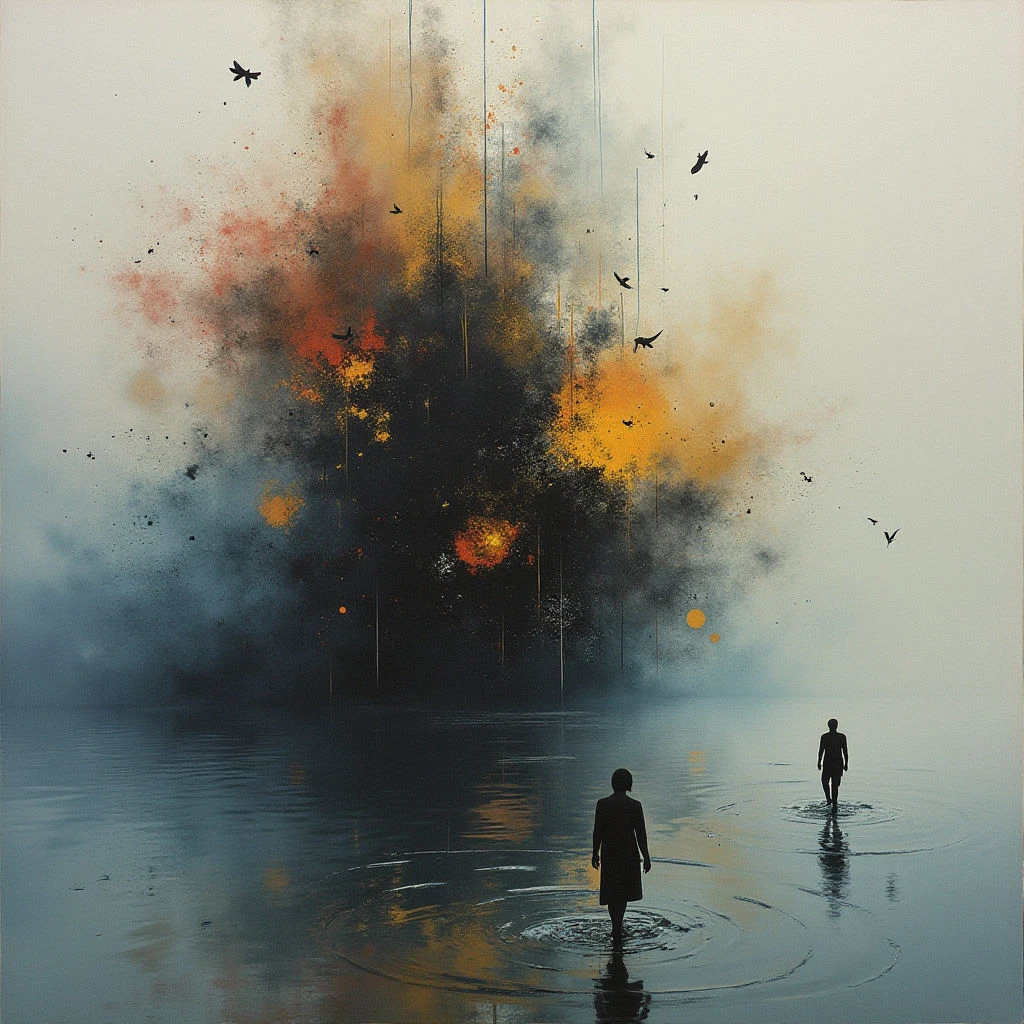 Two silhouetted figures wade through calm water towards a massive, dark explosion hanging over the horizon. Streaks of orange and yellow light burst from within the shadowy form, contrasting with the cool blue tones of the water and misty sky. Small birds fly around the edges of the disturbance, adding to the sense of scale and mystery.