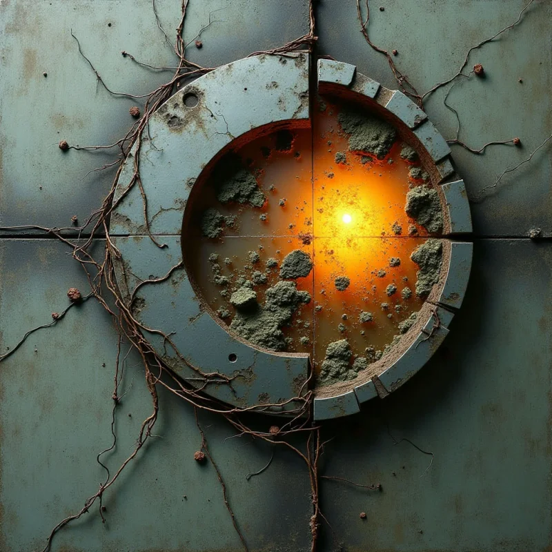 A large circular opening is set into a textured, grey metallic surface divided by horizontal and vertical seams. Within the circle, warm golden light illuminates a pool of amber liquid filled with dark, irregular clumps of earth or moss. Thin, brown vine-like structures sprawl across the cool-toned metal, weaving around the perimeter of the central glow.