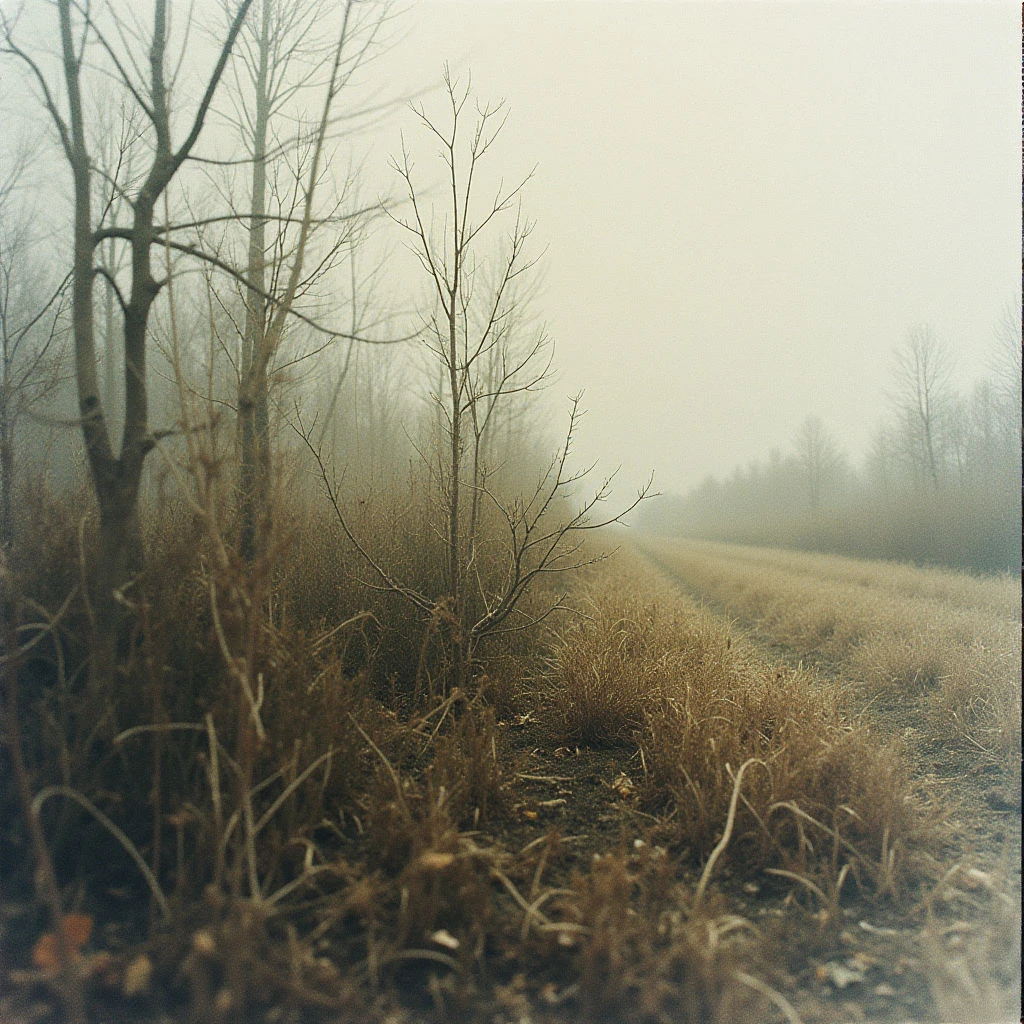 A field of dry, brown grasses and weeds stretches into a hazy distance under an overcast sky. Bare trees stand starkly against the muted background, their branches reaching upwards like skeletal fingers. The scene feels quiet, desolate, and likely cold, with a sense of stillness permeating the landscape.