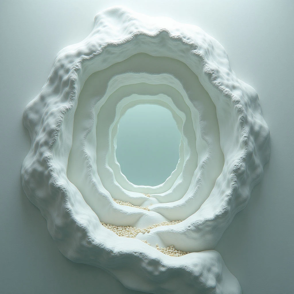 The image features a roughly circular form composed of layered, undulating white surfaces with a central opening revealing a pale blue background. The texture is uneven and organic, resembling eroded material or soft folds, while small, rounded off-white objects are clustered at the base of the lowest layer. Soft, diffused light creates subtle shadows within the layers, suggesting depth and volume despite the overall flatness of the composition.