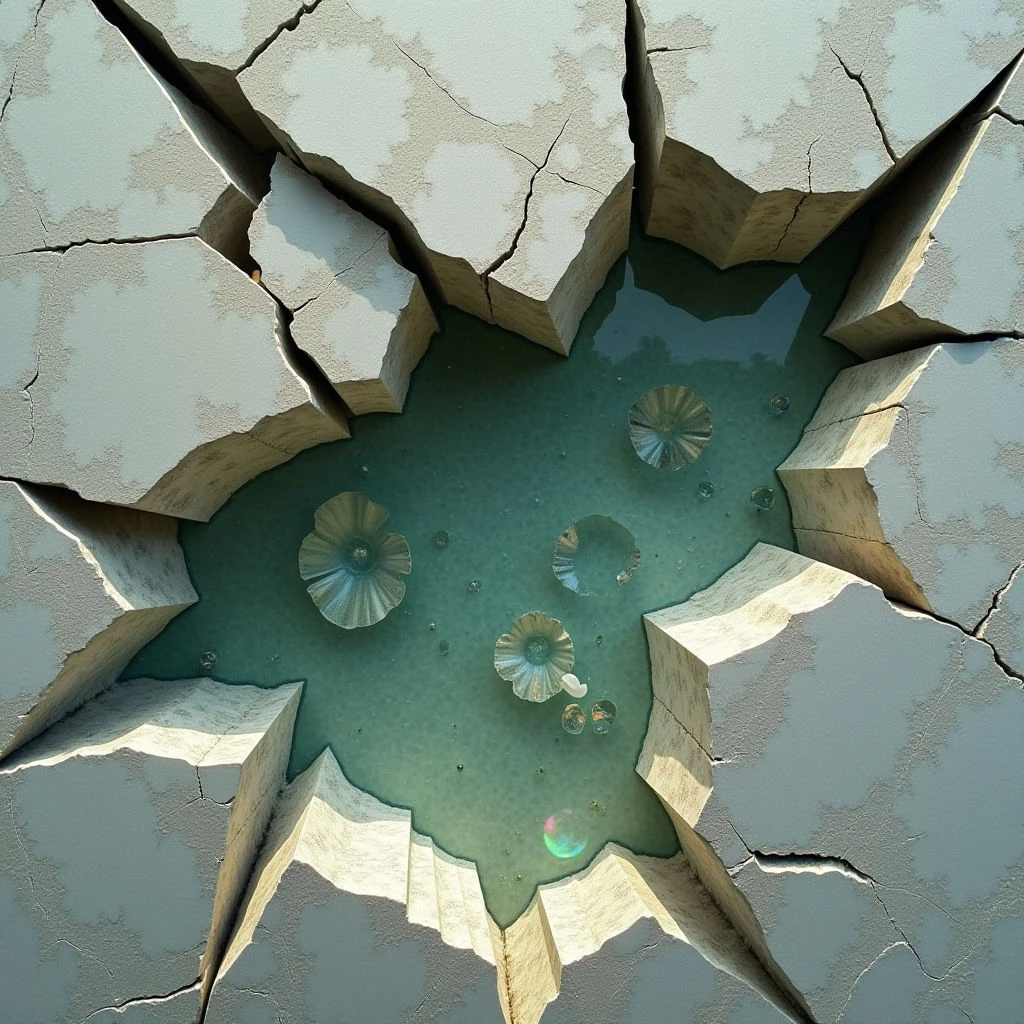 The image features a central pool of teal liquid surrounded by fragmented, pale gray structures with sharp, angular edges. The surfaces exhibit a rough, cracked texture contrasting with the smooth reflections within the water and on the interior sides of the surrounding shapes. Light appears diffused, creating soft shadows that emphasize the depth of the crevices and the rounded forms floating in the liquid.