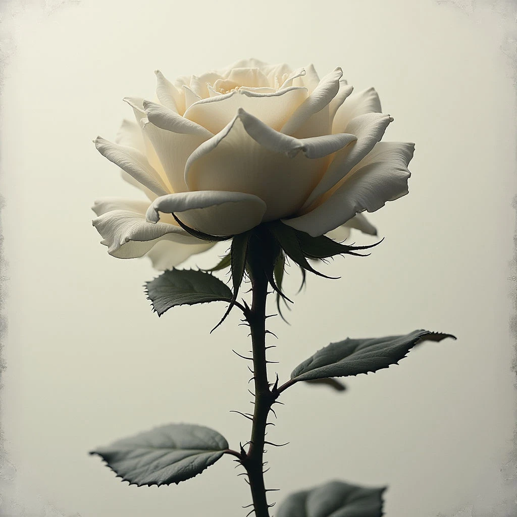 A single, pale rose stands tall against a neutral background. The bloom is fully open with delicate, layered petals transitioning from creamy white to a hint of yellow at its center. Dark green leaves and thorny stem provide contrast to the soft flower.