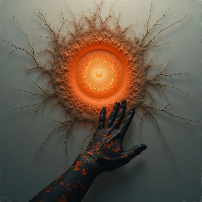 A central, glowing orange orb with a granular texture is surrounded by concentric rings of fuzzy, sand-like material and spindly, branch-like extensions. A dark, textured hand with orange mottled patterns reaches upward from the bottom edge toward the luminous center. The composition features a stark contrast between the bright, warm light of the core and the cool, desaturated grey of the surrounding space.