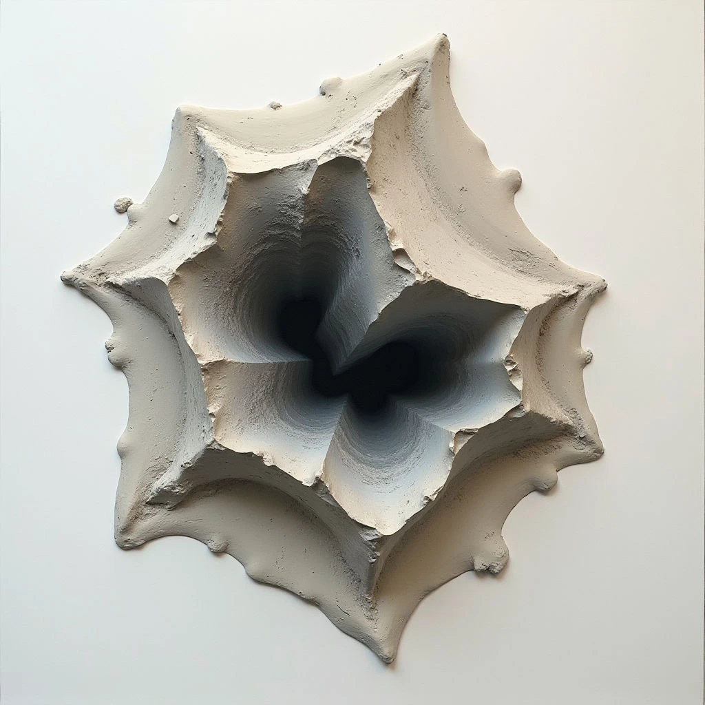 A roughly star-shaped indentation is carved into a smooth, pale wall. The interior of the shape is deeply recessed and darkens towards a central point, resembling a hole or cave opening. Uneven, textured edges surround the void, hinting at a rough, natural formation.