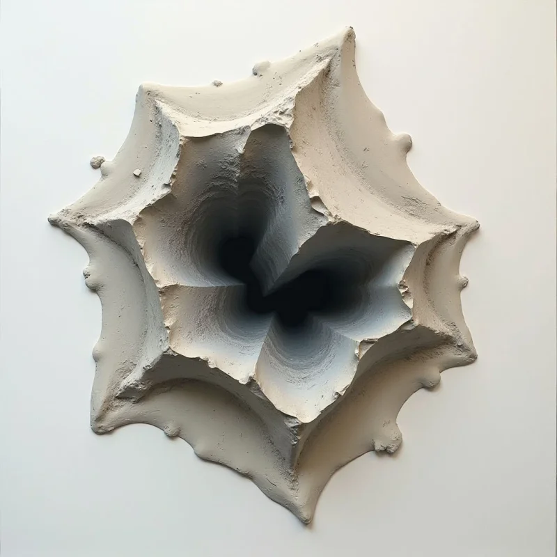 A roughly star-shaped indentation is carved into a smooth, pale wall. The interior of the shape is deeply recessed and darkens towards a central point, resembling a hole or cave opening. Uneven, textured edges surround the void, hinting at a rough, natural formation.