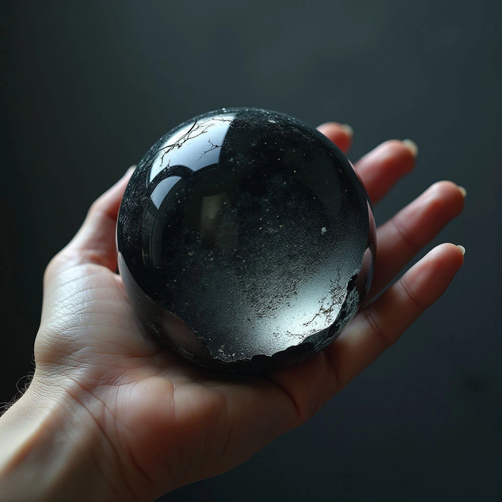 The image features a dark sphere held in a pale hand against a blurred, gray background. The sphere exhibits reflective surfaces with lighter areas suggesting internal patterns and texture, contrasted by darker, rougher patches on its lower portion. Light sources create highlights on the sphere’s surface and cast subtle shadows on the hand, emphasizing the rounded shape of both objects and their close proximity.