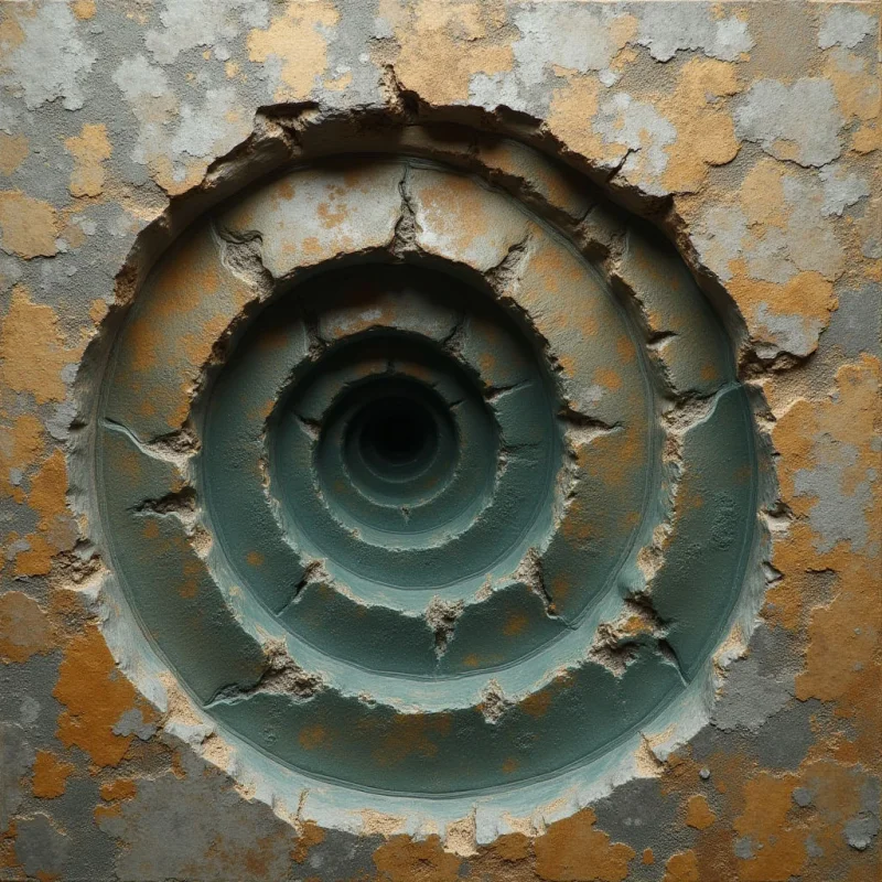 A circular, spiral-shaped void descends into darkness through several concentric, textured layers of weathered stone or concrete. The color palette consists of muted teal and slate gray contrasted with patches of ochre and rust-colored oxidation. Light illuminates the jagged, uneven edges of the ridges, creating deep shadows that emphasize the depth and recessed spatial relationship of the funnel.