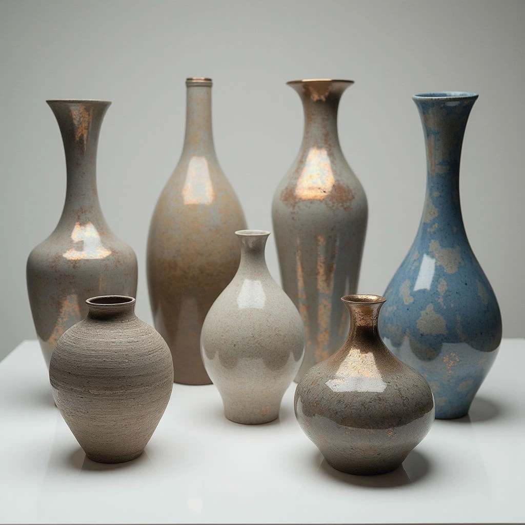 Six ceramic vases are arranged on a pale surface against a neutral gray backdrop. The vessels exhibit earthy tones ranging from browns and tans to muted blues, with some displaying flecks of metallic gold or silver within their textured glazes. Varied heights and bulbous or elongated forms create a dynamic spatial arrangement, with the taller vases positioned towards the back and smaller ones in front, overlapping slightly.