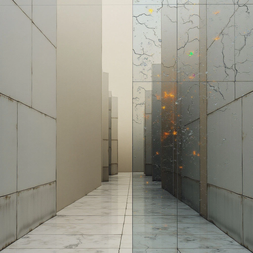 The image depicts a long, narrow corridor defined by tall, rectangular structures on either side and extending into a hazy distance. Surfaces are primarily muted beige and gray tones with subtle textures suggesting paneling, cracks, and wetness, while the floor exhibits a reflective quality. Light appears diffused and even, casting soft shadows and creating a sense of depth as the corridor recedes towards a lighter horizon, punctuated by small orange sparks near the right wall.