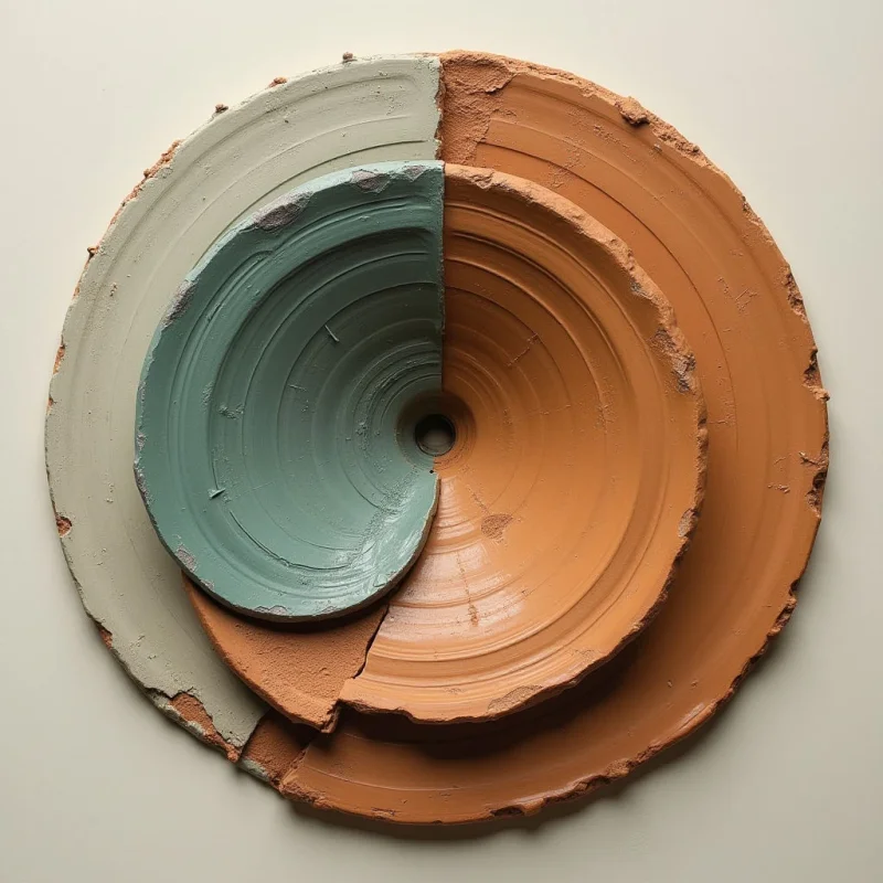 The image features a circular arrangement of three concentric bands in varying earth tones – pale beige, muted teal, and reddish-brown. The material appears textured with visible ridges and imperfections, suggesting it is molded rather than smooth. Light falls evenly across the surface, highlighting the raised spiral forms and creating subtle shadows within the central opening and along the edges of each band.