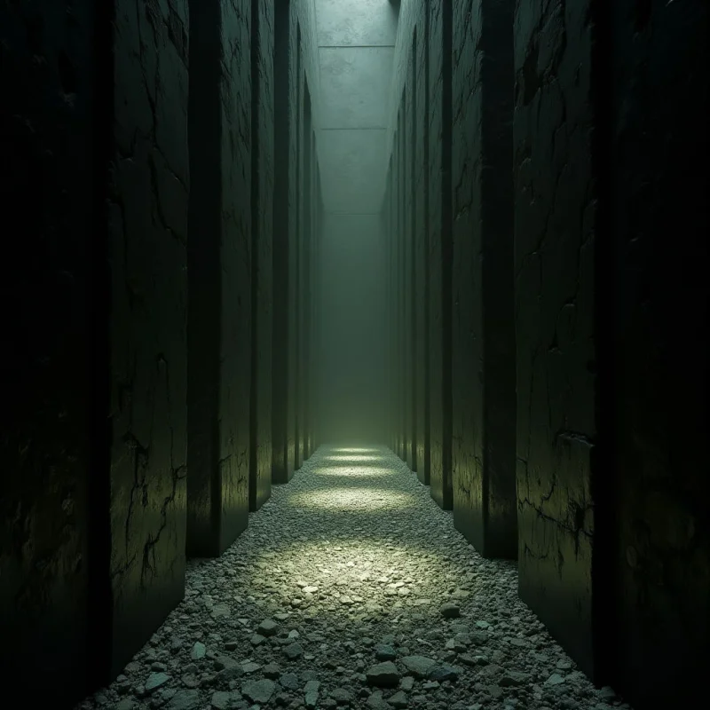 A narrow corridor of tall, dark monoliths creates a deep sense of perspective leading toward a hazy, luminous opening. The composition features rough, cracked stone textures contrasted against a smooth, misty background in shades of deep charcoal and pale sage green. Light filters from the far end, casting soft gradients across the uneven, pebble-strewn floor and illuminating the vertical edges of the towering structures.