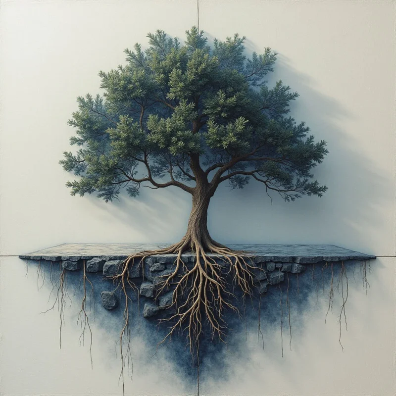 A single green tree with a textured brown trunk grows from a horizontal slab of dark, jagged gray rock. The tree's intricate root system extends downward from the stone, spreading across a pale, off-white background. Soft light creates subtle shadows behind the foliage and roots, giving the composition a sense of depth against the flat surface.