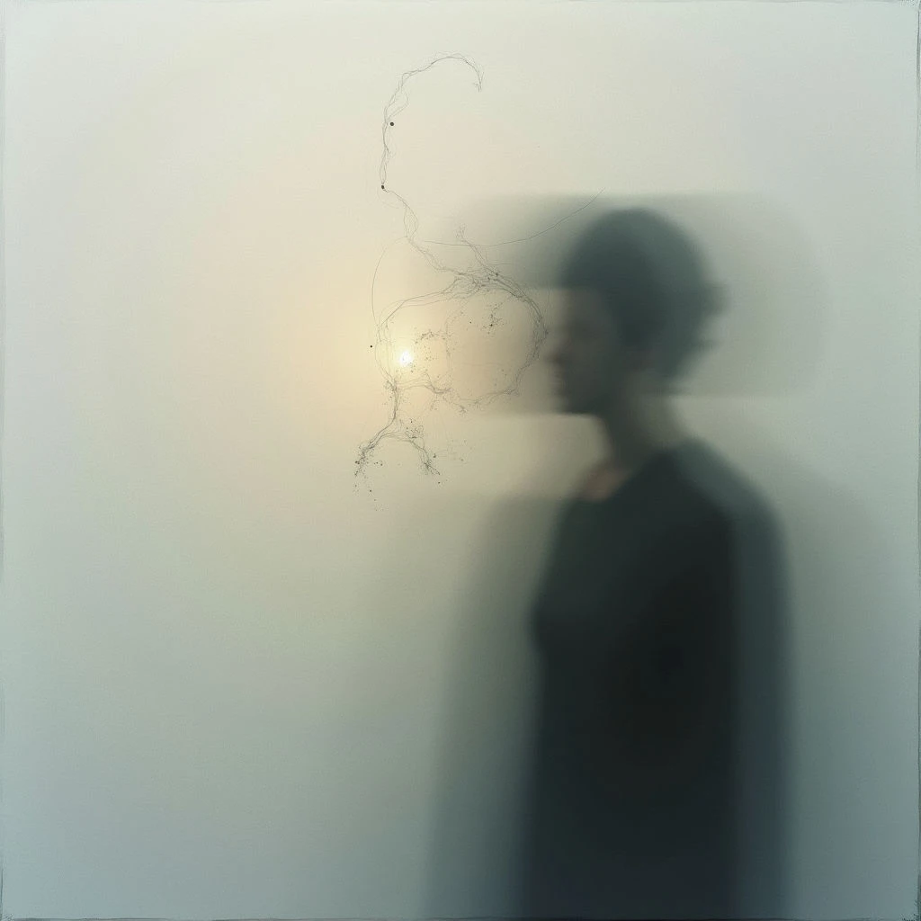 A blurred figure stands to the right, partially obscuring a delicate drawing of a face on a pale wall. The drawing appears ethereal, sketched with fine lines and small dots that seem to fade into the background. A soft light source illuminates both the figure's shadow and the center of the facial sketch, creating an atmosphere of mystery and transience.