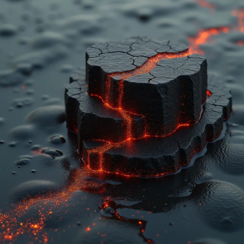 A dark, textured black mass with a cracked, rocky surface sits centrally in a landscape of undulating, obsidian-like mounds. Glowing orange light and fine red embers seep through deep fissures in the central structure and trail across the surrounding dim terrain. The composition features high contrast between the matte, rugged textures of the dark matter and the luminous, fluid appearance of the fiery cracks.
