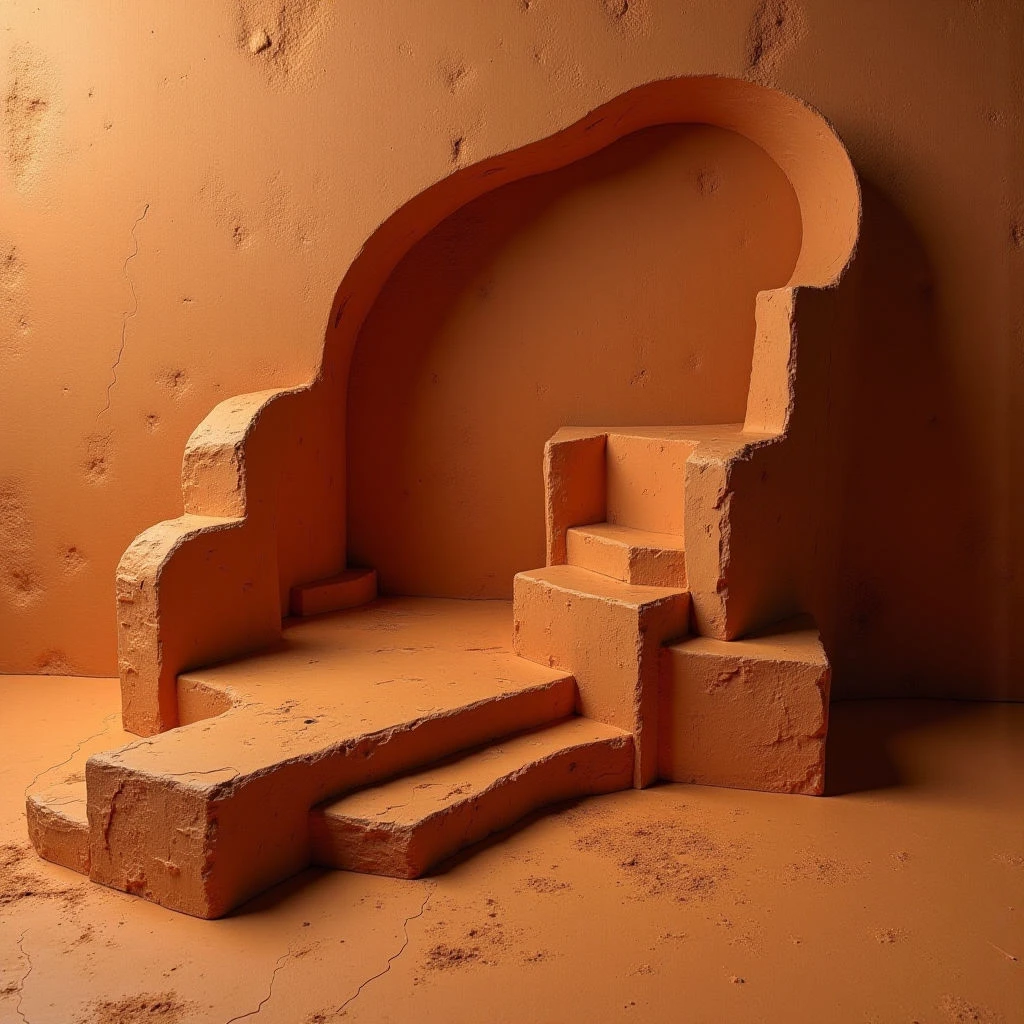 The scene is dominated by a warm terracotta color throughout all surfaces—walls, steps, and floor—with slight variations in shade suggesting subtle shadows. A rough, stucco-like texture covers every element, punctuated by fine cracks visible on the walls and ground plane. The composition features geometric shapes – primarily rectangular blocks forming stairs that lead toward an arched alcove recessed into a back wall, creating a sense of depth within a confined space illuminated from above.