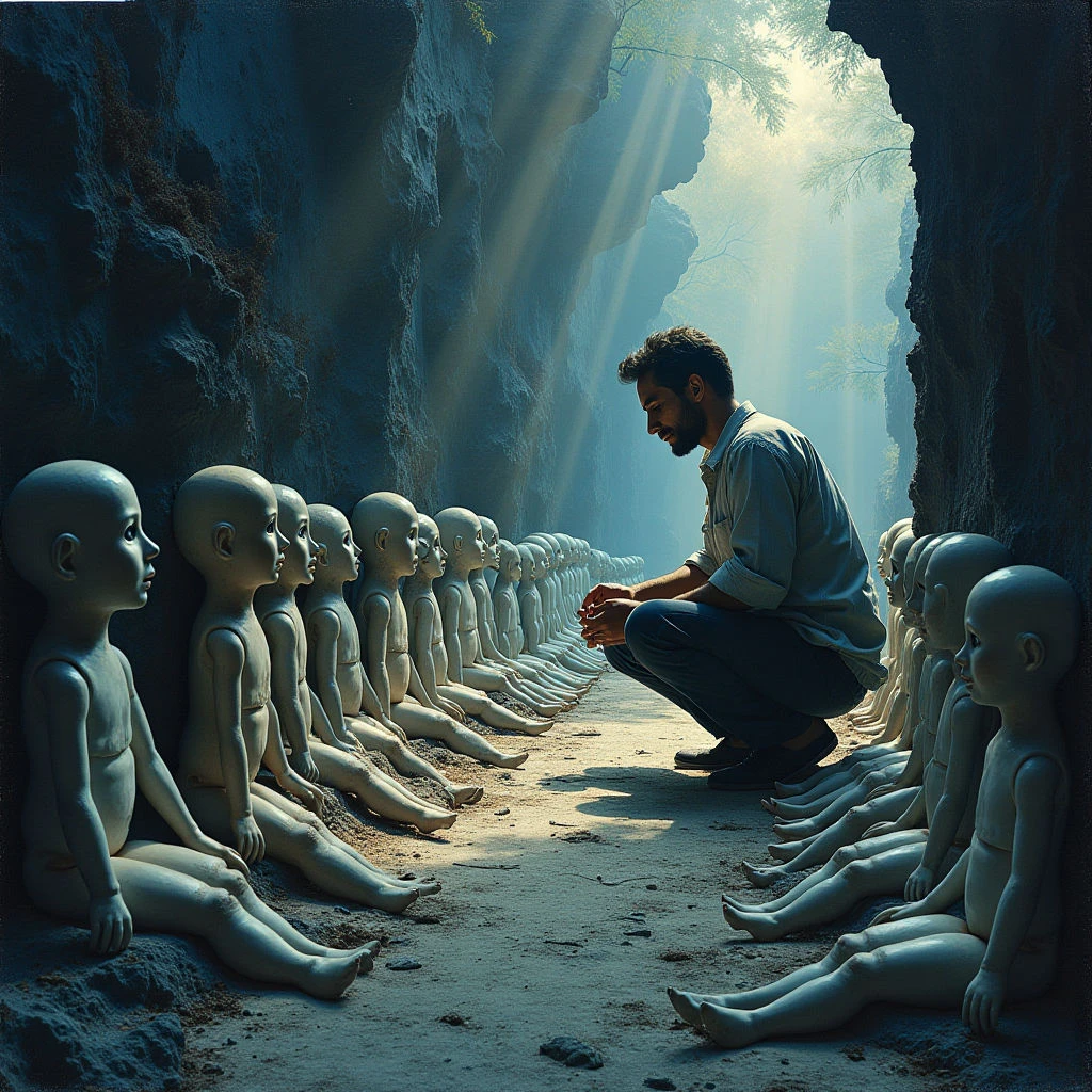 The scene is dominated by cool tones of blues and grays within a narrow, rocky enclosure, contrasted by a bright, warm light source at the far end. Rows of identical pale doll figures line both sides of a sandy path leading towards this light, facing a solitary figure crouched in the center foreground. The texture appears rough on the rock walls but smooth on the dolls and ground plane; strong vertical beams of light create defined spatial separation between the figure and the surrounding environment.