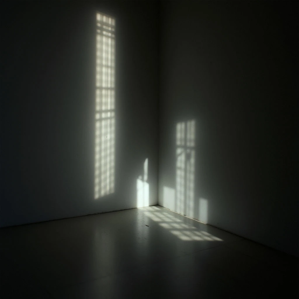 A stark, empty corner of a room is cast in shadow, with light streaming through two barred windows. The window patterns are sharply projected onto the floor and wall, creating a grid-like effect. The overall atmosphere is minimal and quiet, emphasizing form and light.