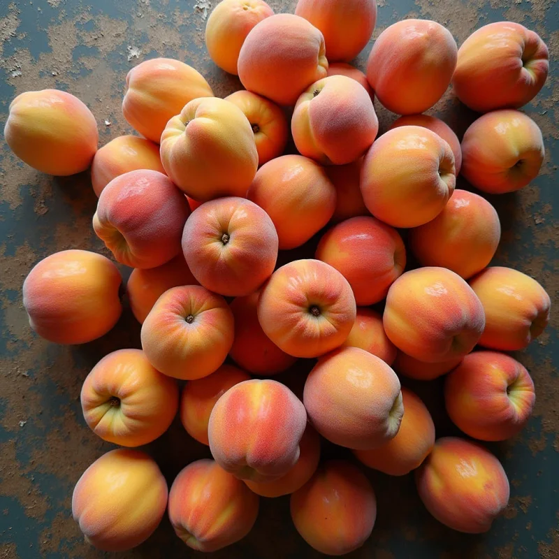 The image features a dense grouping of peaches in shades of orange, yellow, and blush pink, with variations in saturation across the fruits. Their surfaces appear subtly textured with fine fuzz and occasional imperfections, contrasting with the smooth, dark brown background. The peaches are arranged closely together, creating overlapping forms that suggest depth despite a generally flat spatial relationship.
