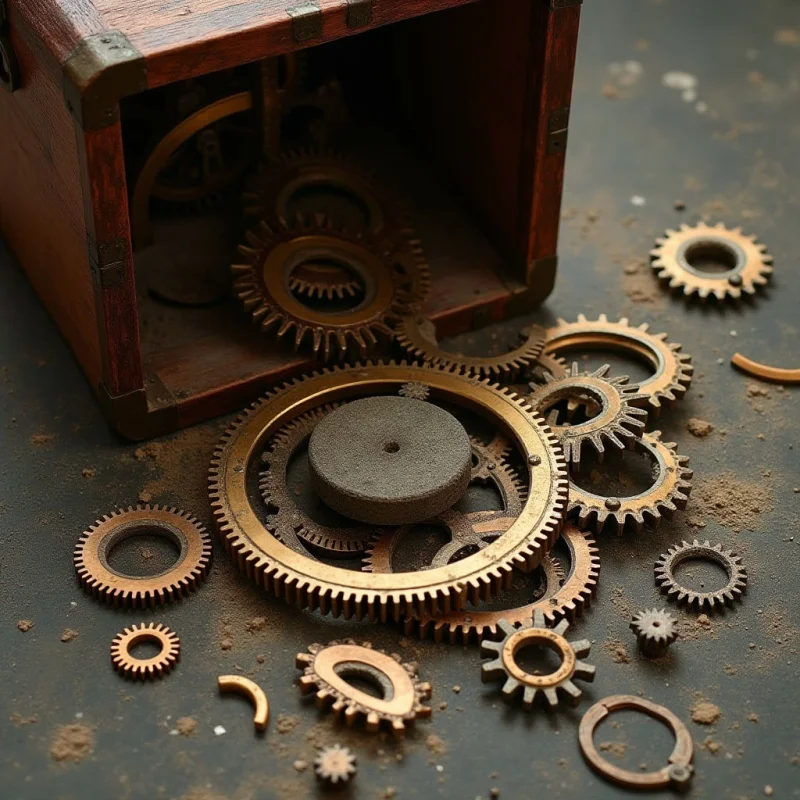 A wooden box spills numerous metallic gears of varying sizes onto a dark, dusty surface. The composition features warm tones of reddish-brown wood and bronze-colored metal set against a muted gray background textured with fine grit. Light falls from the side, creating soft shadows and highlighting the circular shapes and sharp teeth of the interlocking components.