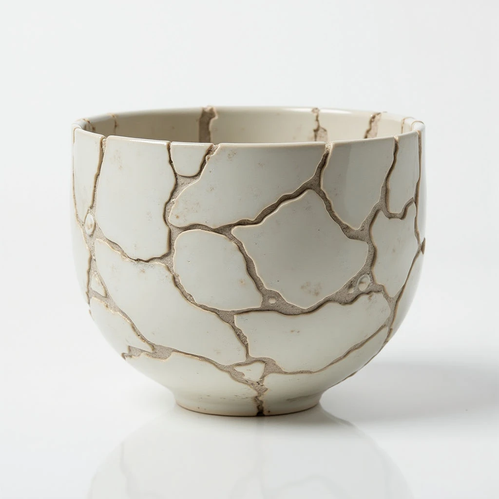 A pale, rounded ceramic vessel sits against a white background. The surface is covered in a network of irregular cracks, giving it a deliberately broken or aged appearance. It has a slightly flared lip and rests on a small, circular foot.