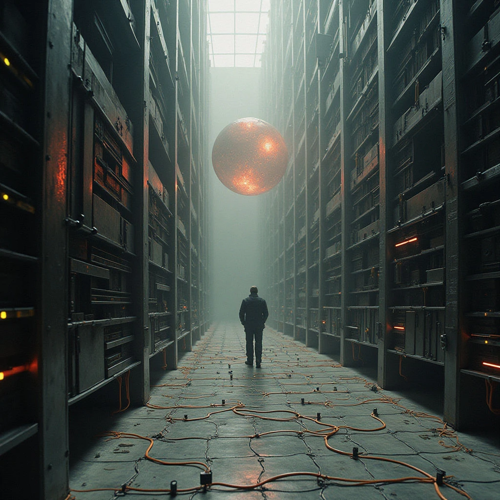 The image depicts a long, narrow corridor lined with dark, metallic server racks on either side, receding into a hazy distance. A large, glowing orange sphere is suspended centrally in the space above, casting a warm light that contrasts with the cool tones of the surrounding environment and illuminates a lone figure walking away from the viewer along the floor. Cables run across the tiled floor, adding texture to the foreground while the overall spatial relationship emphasizes depth and scale through linear perspective.