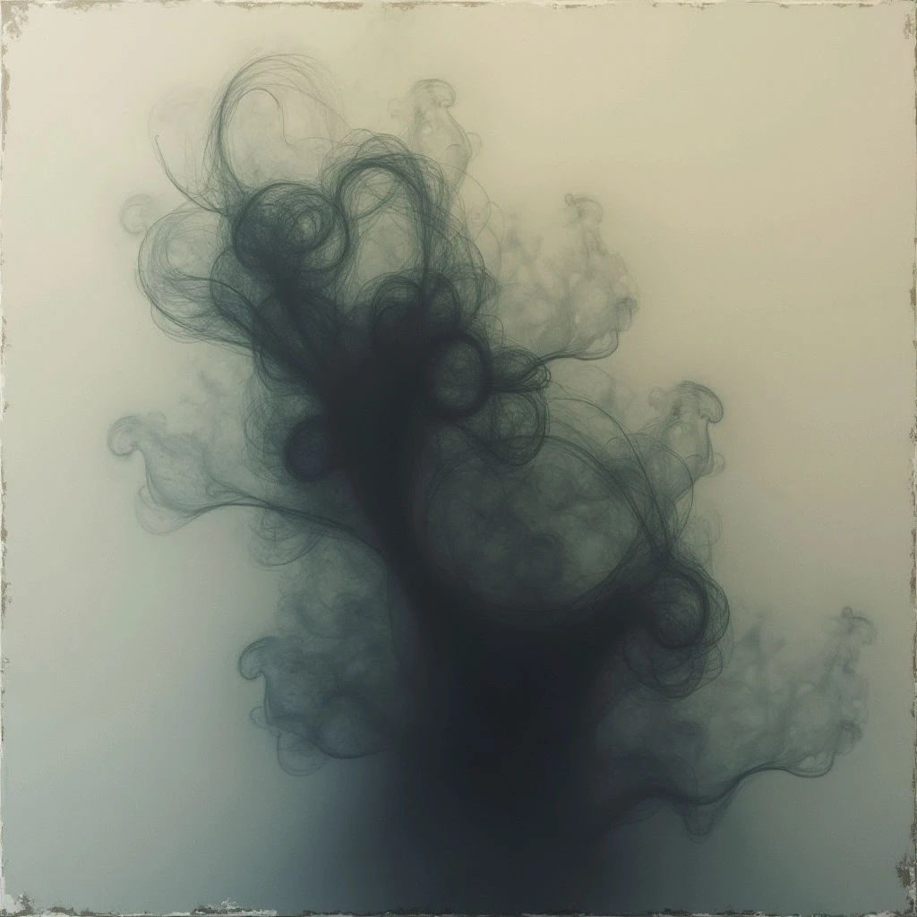 Dark, swirling smoke rises and spreads against a pale, neutral background. The shapes are organic and chaotic, resembling tangled hair or wisps of shadow. A subtle gradient shifts from darker tones at the base to lighter shades as the smoke dissipates upwards.