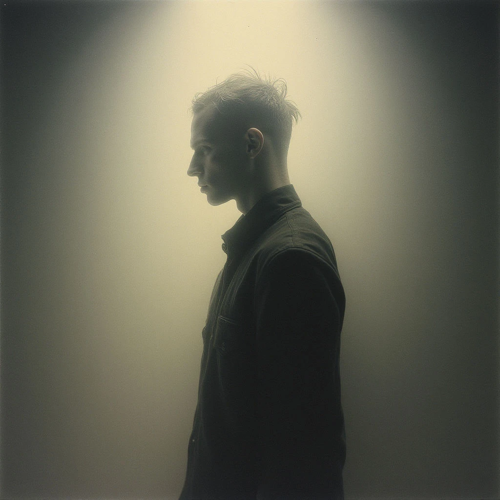 A young man with short, spiky hair stands in profile against a dark background. He wears a dark collared shirt, and his gaze is directed sharply to the side, lost in thought. A soft, hazy light illuminates him from above, creating an ethereal and somber atmosphere.