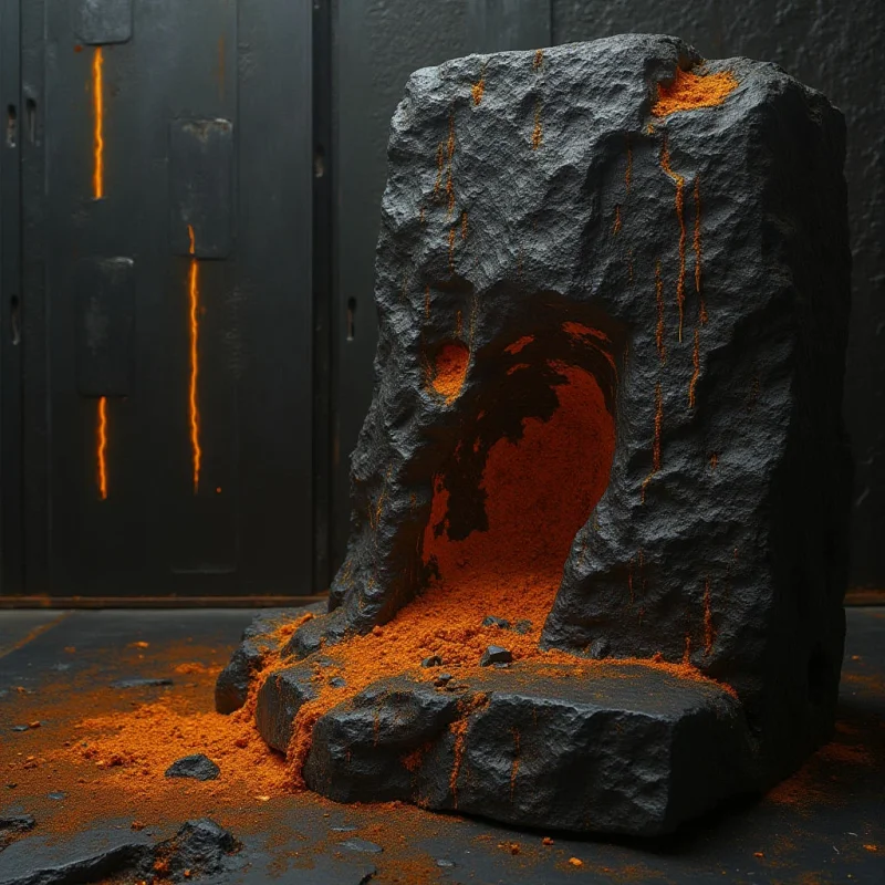 A large, dark grey rock with a rugged, craggy texture sits in the foreground, featuring an orange-colored hollowed interior and fine orange powder scattered across its surface. The composition is defined by sharp, jagged shapes and vertical lines, contrasted against a dark, paneled background marked by thin, glowing orange streaks. Light emanates from within the rock's cavity and the background slits, creating a stark contrast between the deep shadows and the vibrant orange accents.