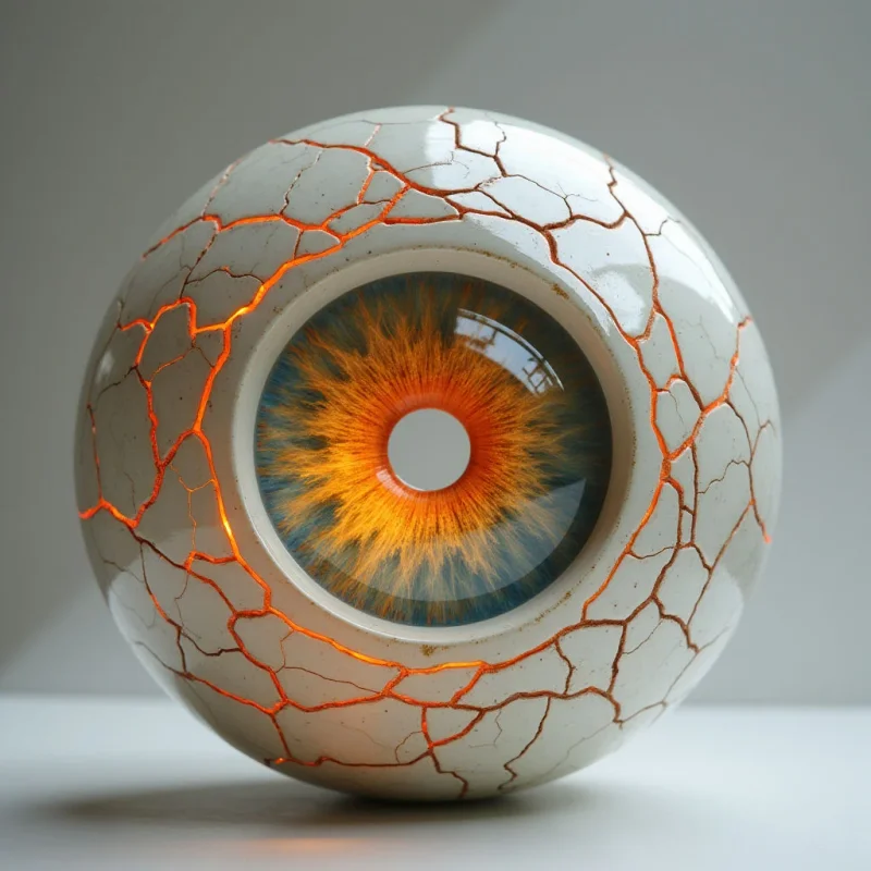 A large, spherical white object with a cracked, ceramic texture features glowing orange fissures spreading across its surface. The center contains a detailed iris of blue and orange radiating from a dark pupil, set within deep, luminous crevices. The composition is centered against a neutral, soft-lit background, creating a sense of depth through the contrast between the smooth sphere and the jagged, light-filled cracks.