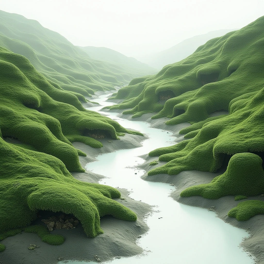 The scene is dominated by varying shades of green, from bright lime to muted olive, covering rolling hills and landforms alongside a pale blue waterway. Textures appear soft and organic—lush vegetation contrasts with the smoother surfaces of exposed earth and water. Light is diffused, creating a sense of depth as it fades into a misty background, and the river winds through a narrow valley receding into the distance.