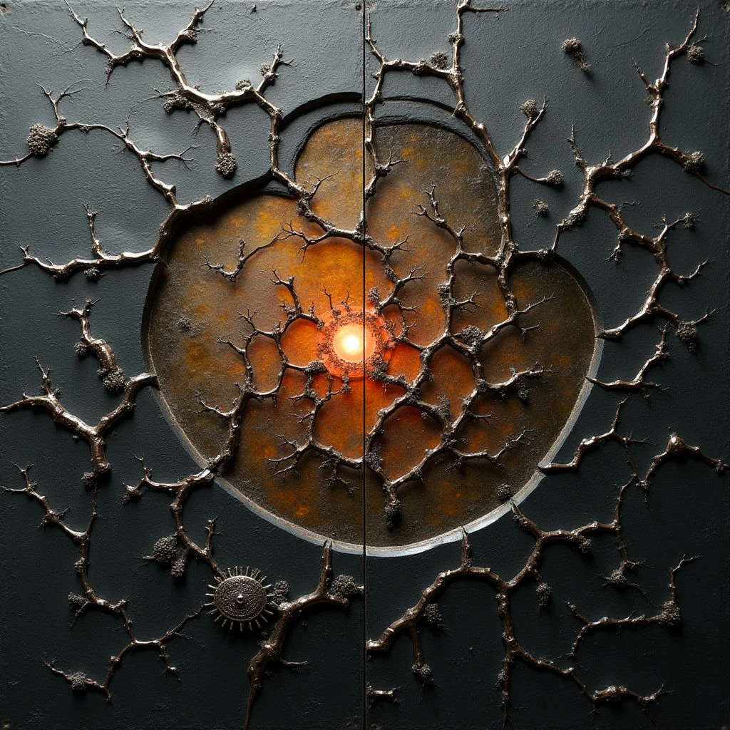 The artwork features a dark, matte background contrasted with a central circular form exhibiting warm orange and brown tones. Intricate, twig-like branches extend across the surface, appearing to emerge from both the dark areas and within the circle, creating a complex network of textures. A bright light source is positioned at the center of the circle, casting illumination onto the surrounding branches and establishing depth through shadow and highlight.