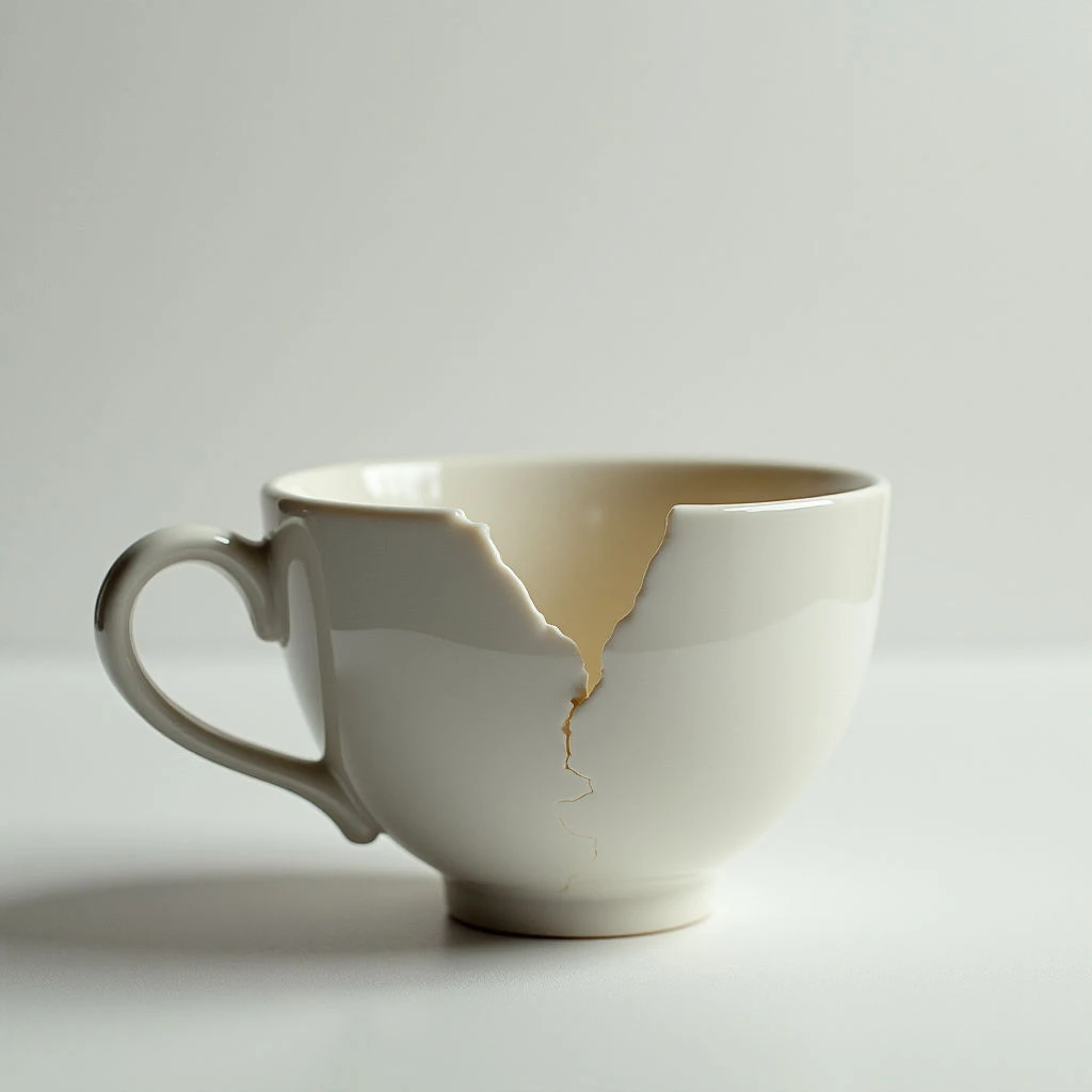 A white teacup sits on a pale surface, visibly broken with a large crack running down its side. The interior of the cup is exposed through the fracture, revealing a warmer, cream-colored tone beneath the glossy exterior. It casts a soft shadow against the neutral backdrop, emphasizing its delicate and damaged state.