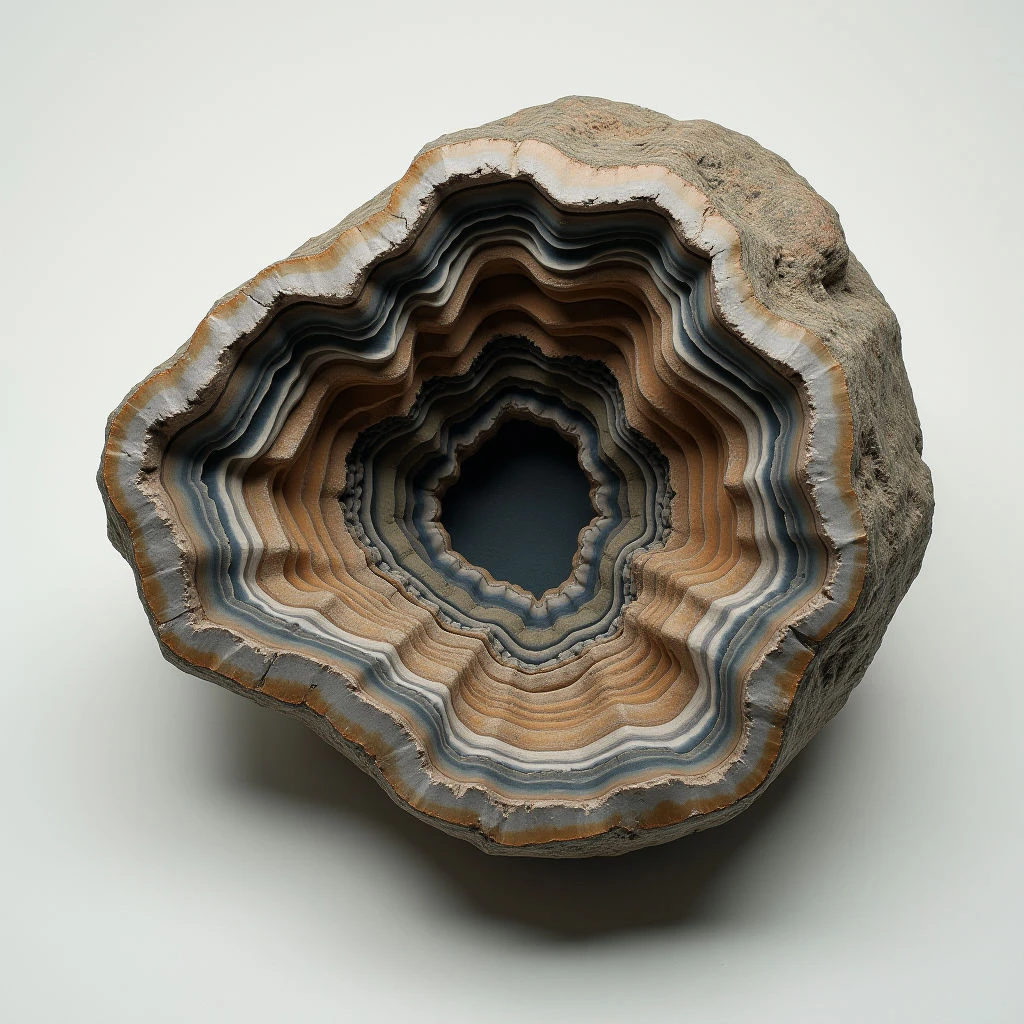 The image features a roughly spherical object with concentric bands of color ranging from pale tan to slate blue-gray. The texture appears layered and smooth within the bands, contrasting with the rough, porous exterior surface. Light gently illuminates the form, creating subtle shadows that emphasize the curved shapes and depth of the central cavity.