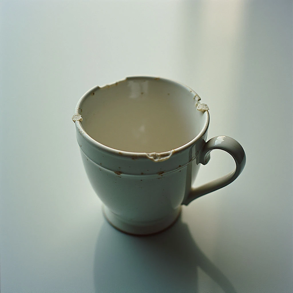 A chipped and stained white mug sits empty on a pale blue surface. Several large chips are missing from the rim, revealing rough edges and discoloration inside. A shadow falls beneath the mug, highlighting its rounded form and handle.